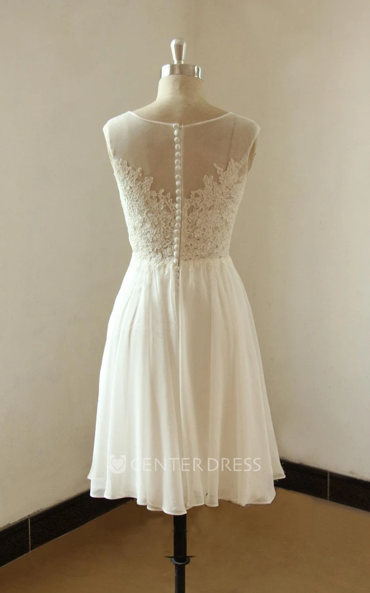 Ivory Sleevless Knee Length Lace Chiffon Wedding Dress With Illusion Neclikine