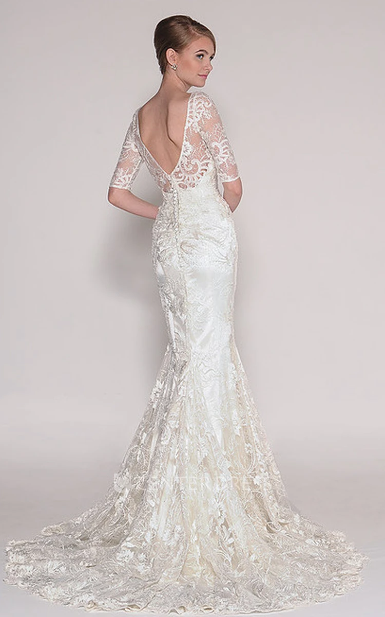 Maxi V-Neck Half Sleeve Appliqued Lace Wedding Dress With Sweep Train And V Back