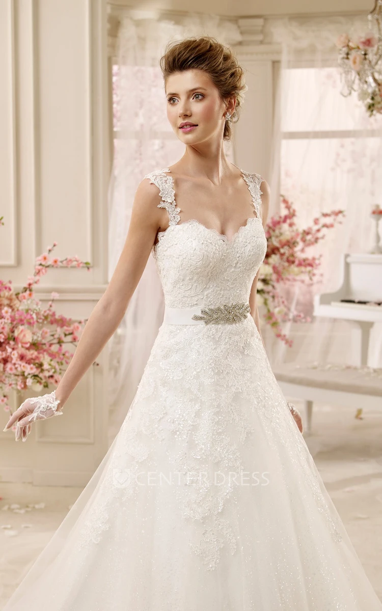 Square-neck A-line Wedding Dress with Beaded Waist and Appliques Straps