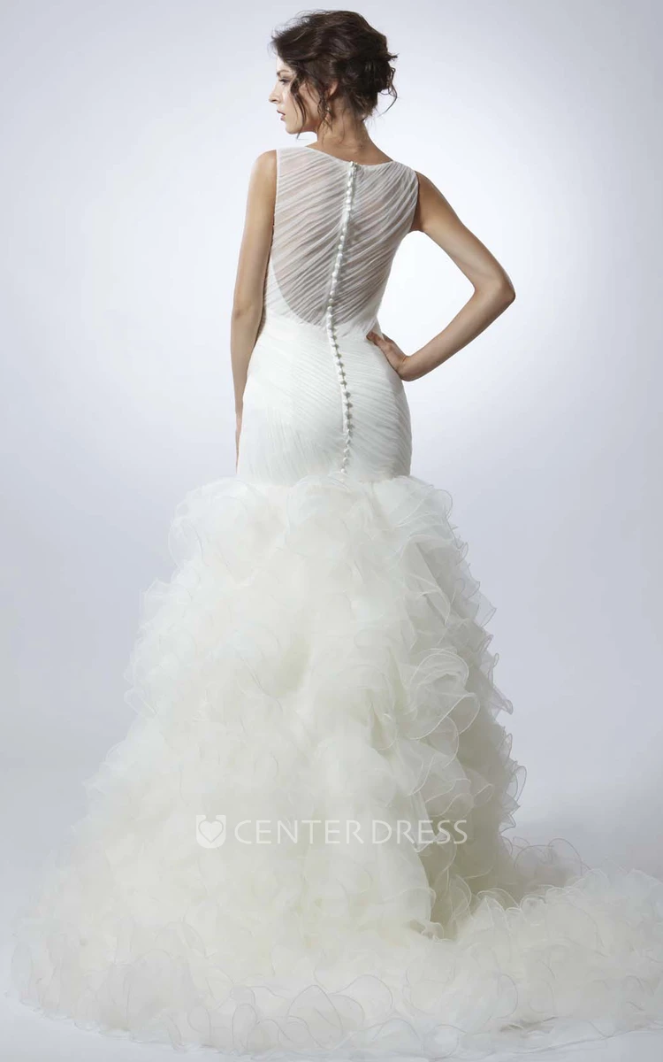 Trumpet Scoop Sleeveless Long Ruffled Tulle Wedding Dress With Illusion Back And Ruching