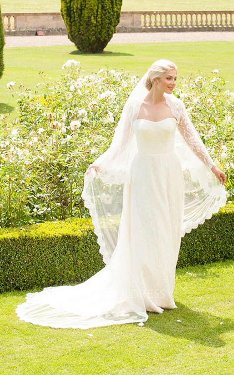 Strapless Floor-Length Long-Sleeve Appliqued Lace Wedding Dress
