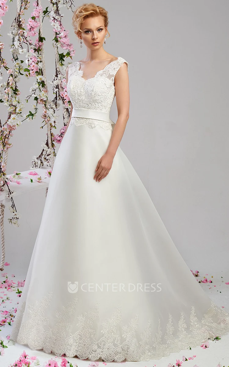 A-Line Sleeveless V-Neck Floor-Length Appliqued Satin Wedding Dress