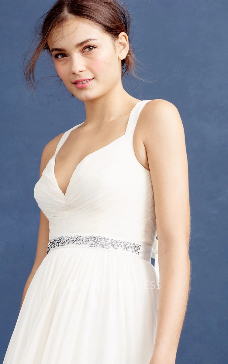A-Line Maxi Jeweled Sleeveless V-Neck Chiffon Wedding Dress With Pleats