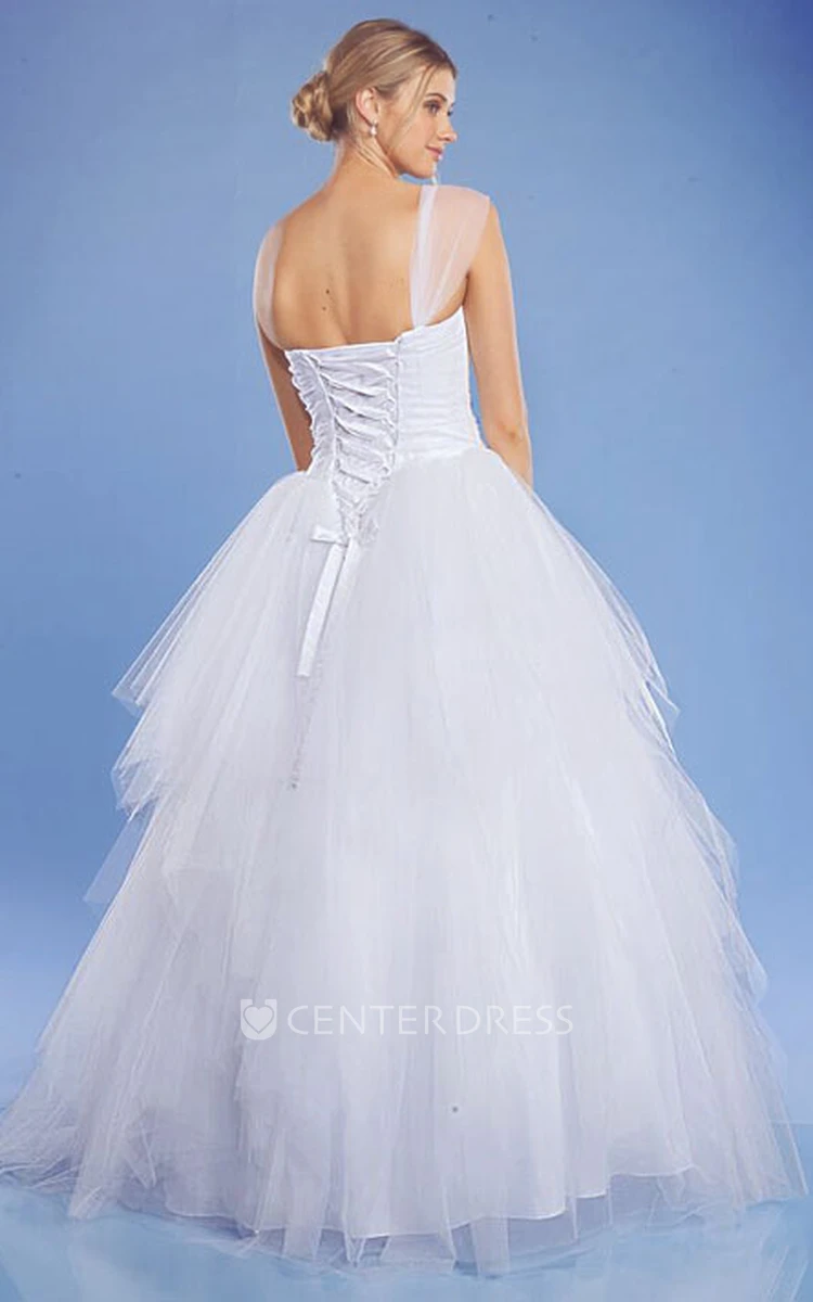 Ball Gown One-Shoulder Long Ruched Sleeveless Tulle Wedding Dress With Ruffles And Beading