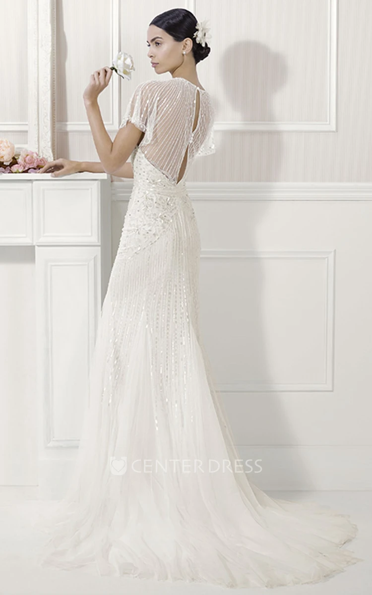 V Neck Batwing Sleeves Sheath Tulle Wedding Gown With Sequins