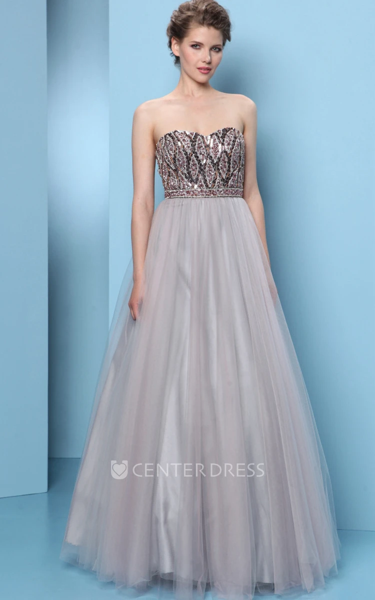 A-Line Beaded Sweetheart Sleeveless Floor-Length Tulle Prom Dress With Pleats