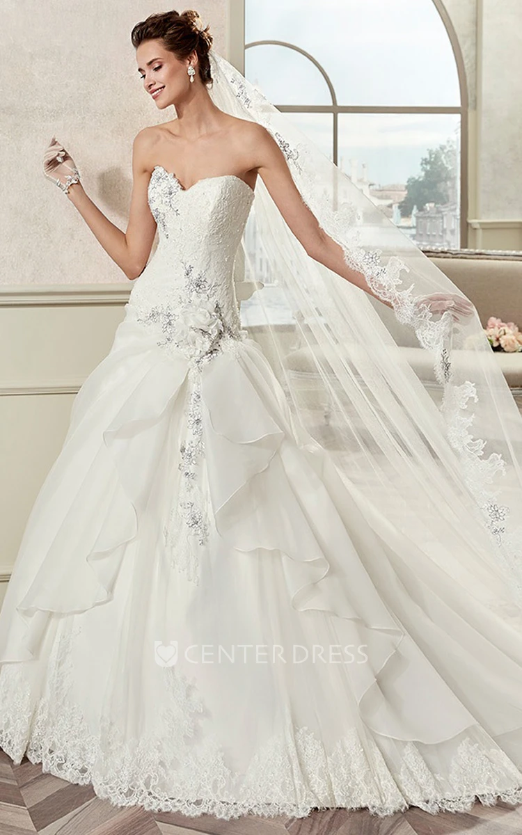 Sweetheart A-Line Bridal Gown With Asymmetrical Ruffles And Fine Appliques