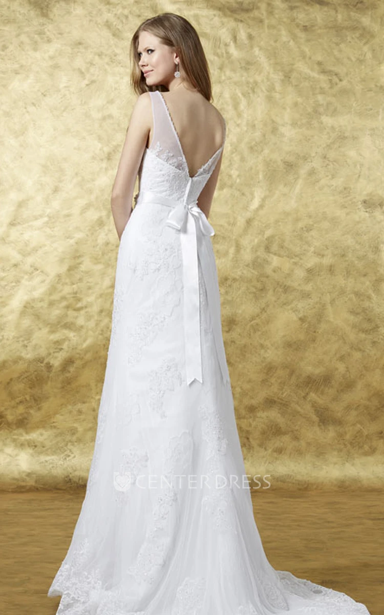 Sheath Floor-Length Appliqued Scoop Sleeveless Lace Wedding Dress With Bow And Waist Jewellery
