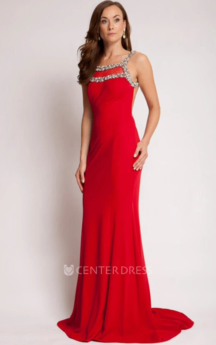 Sheath Beaded Square Sleeveless Long Jersey Prom Dress With Backless Style And Brush Train