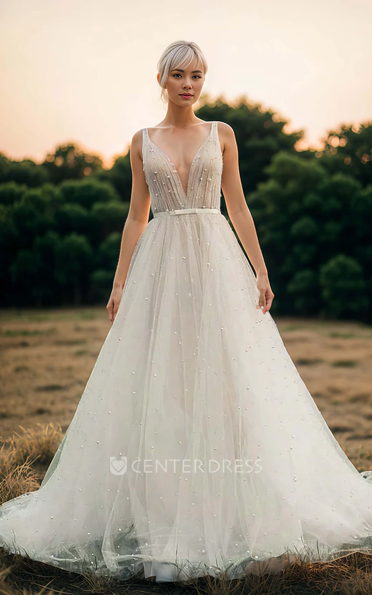 Sexy Romantic Plunging V-Neck A-Line Beaded Tulle Straps Wedding Dress Elegant Ethereal Plus Size Floor-length Sleeveless Backless Bridal Gown with Sash