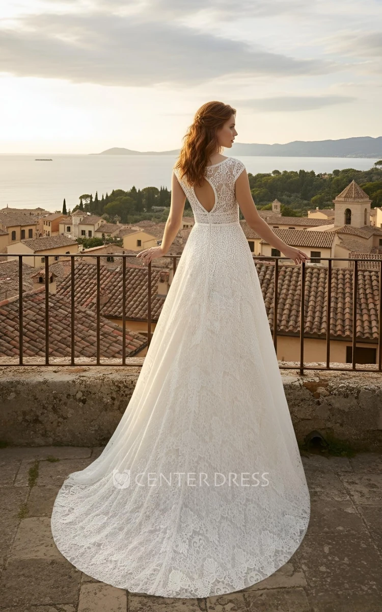 A-Line Lace Boho Wedding Dress Casual Cap Sleeves V-Neck Bridal Gown for Destination Weddings