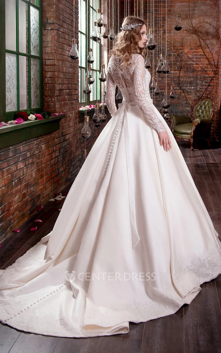 Ball Gown Long Jewel Long-Sleeve Illusion Satin Dress With Appliques And Waist Jewellery