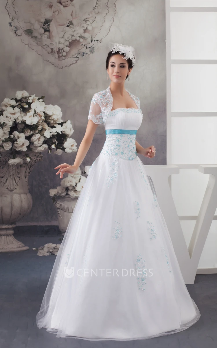 A-Line Strapless Tulle Lace Wedding Dress with Appliques and Lace Bolero