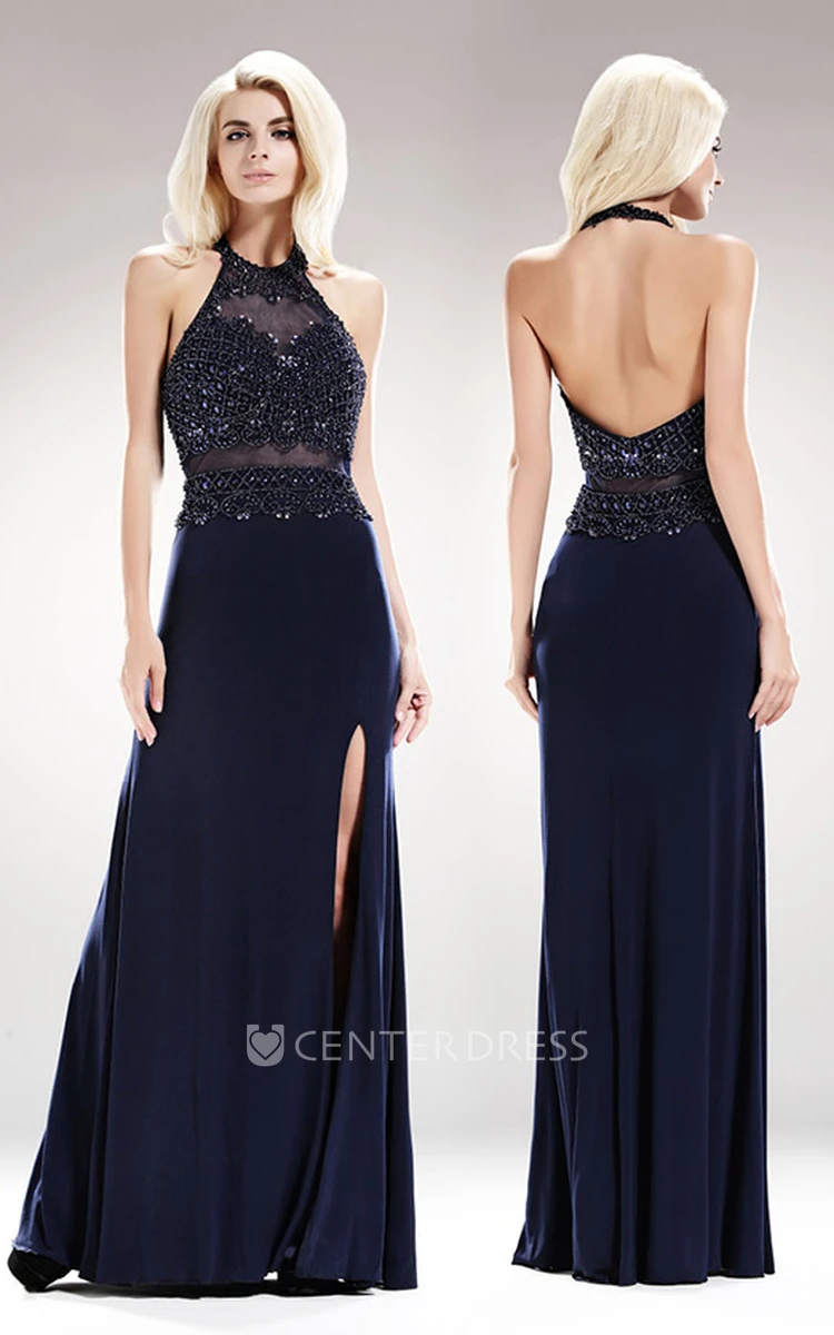 Sheath Jewel-Neck Sleeveless Jersey Backless Dress With Beading And Split Front