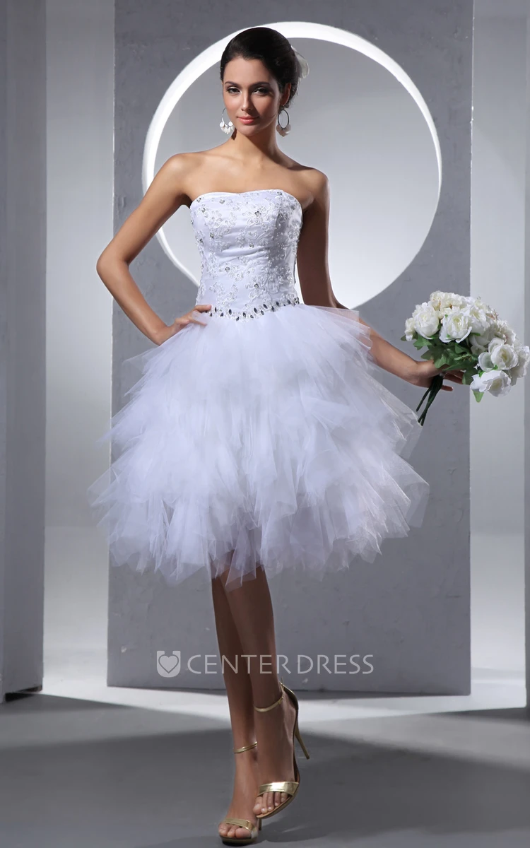Sleeveless Strapless Midi Tulle Wedding Dress With Crystal Detailing And Ruffles
