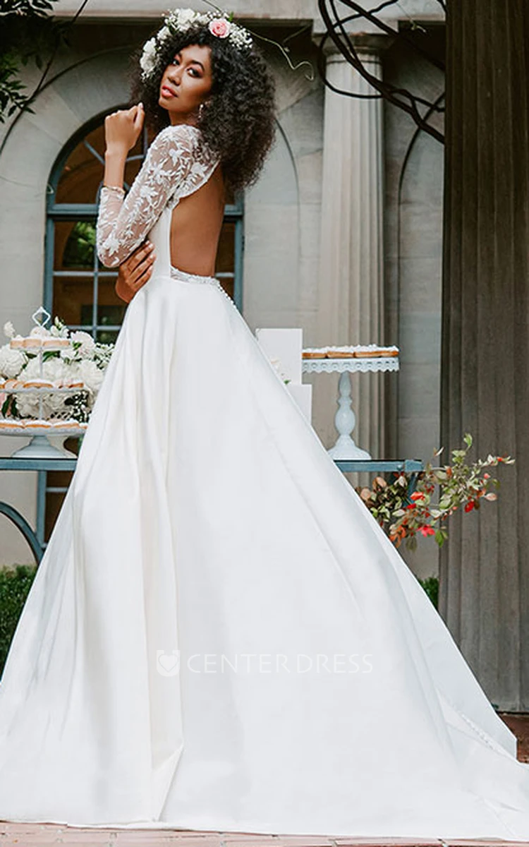 Simple A Line Floor-length 3/4 Length Sleeve Satin Lace Wedding Dress with Ruching