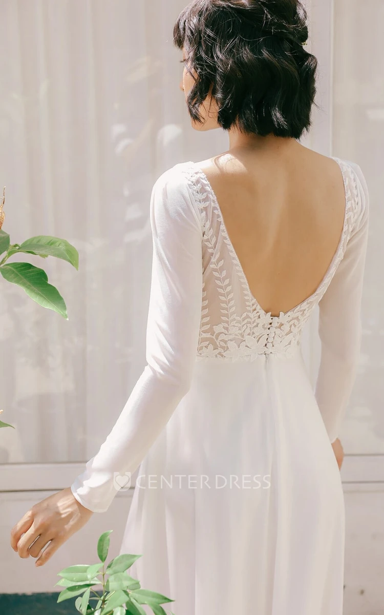 Minimalist Simple A-Line Long Sleeves Bridal Gown with Floor Length and Low Back Elegant Gorgeous Beach Country Chiffon Wedding Dress