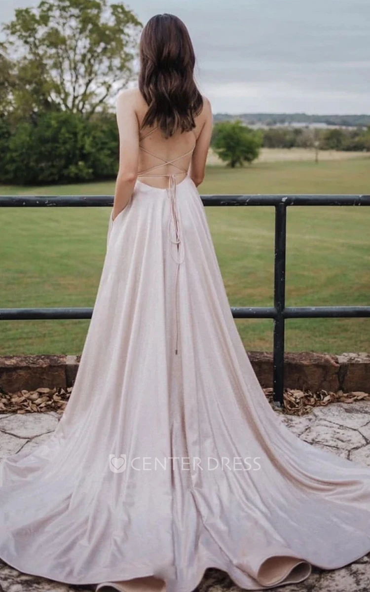 Romantic Satin Sleeveless Court Train A Line Formal Dress with Pockets