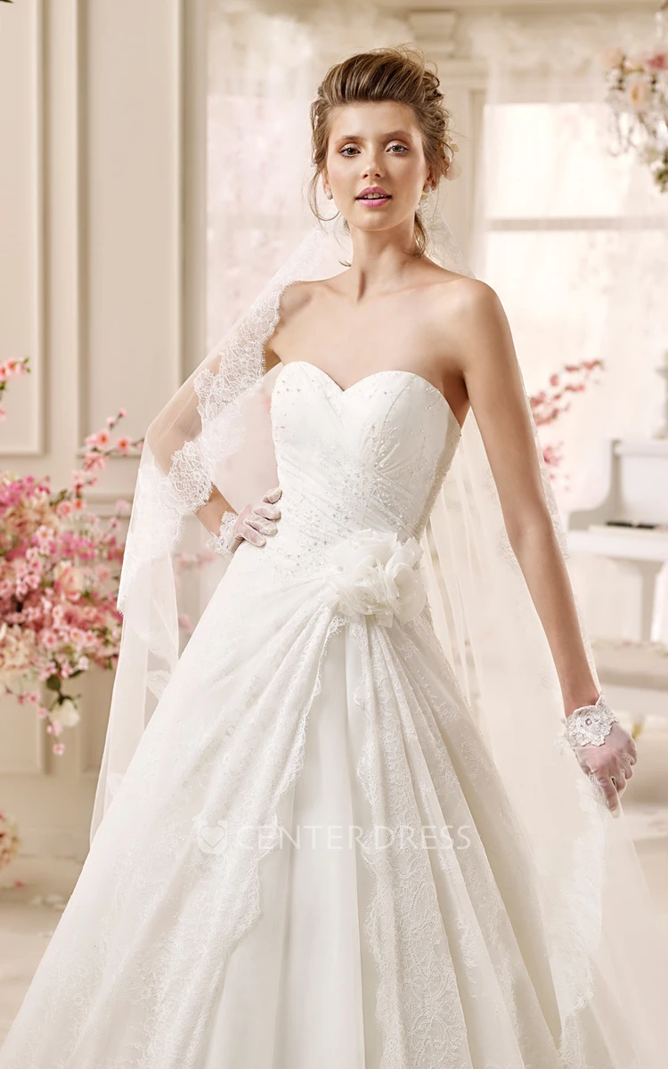 Sweetheart Pleated A-line Wedding Dress with Flowers and Asymmetrical Ruching