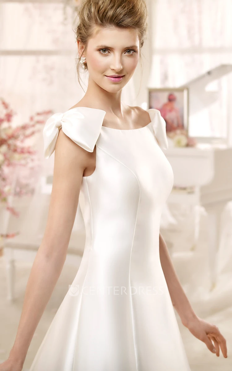 Jewel-Neck A-Line Satin Wedding Dress With Bow On Shoulders And Brush Train