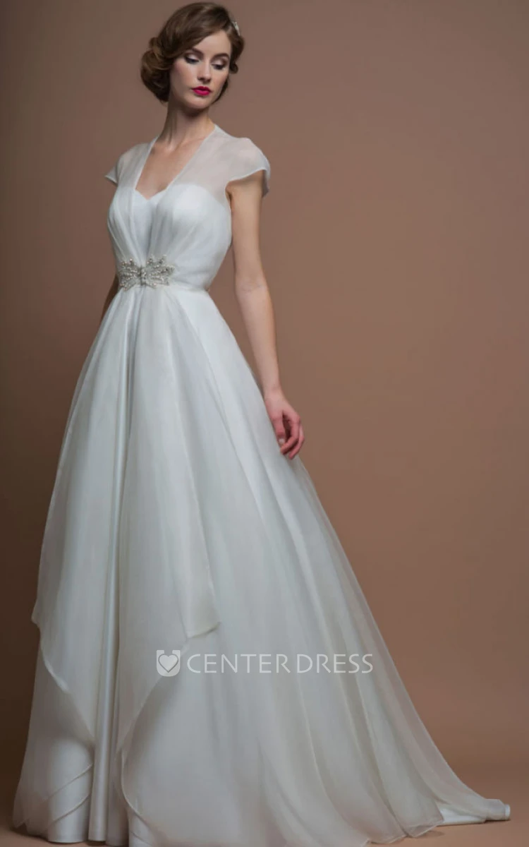 V-Neck Long Jeweled Cap-Sleeve Organza Wedding Dress With Sweep Train And Illusion