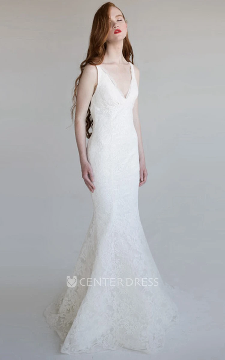 Sheath Appliqued Floor-Length V-Neck Sleeveless Lace Wedding Dress