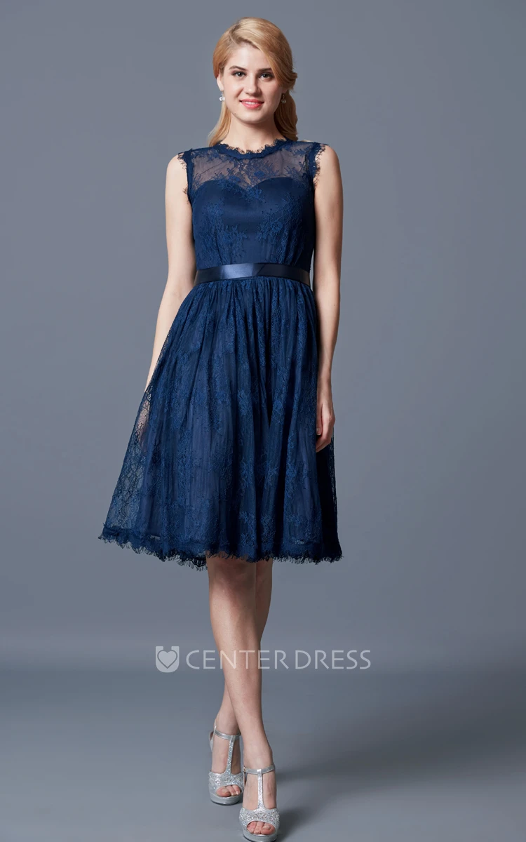 High Neck A-line Knee Length Lace Bridesmaid Dress with Keyhole Back