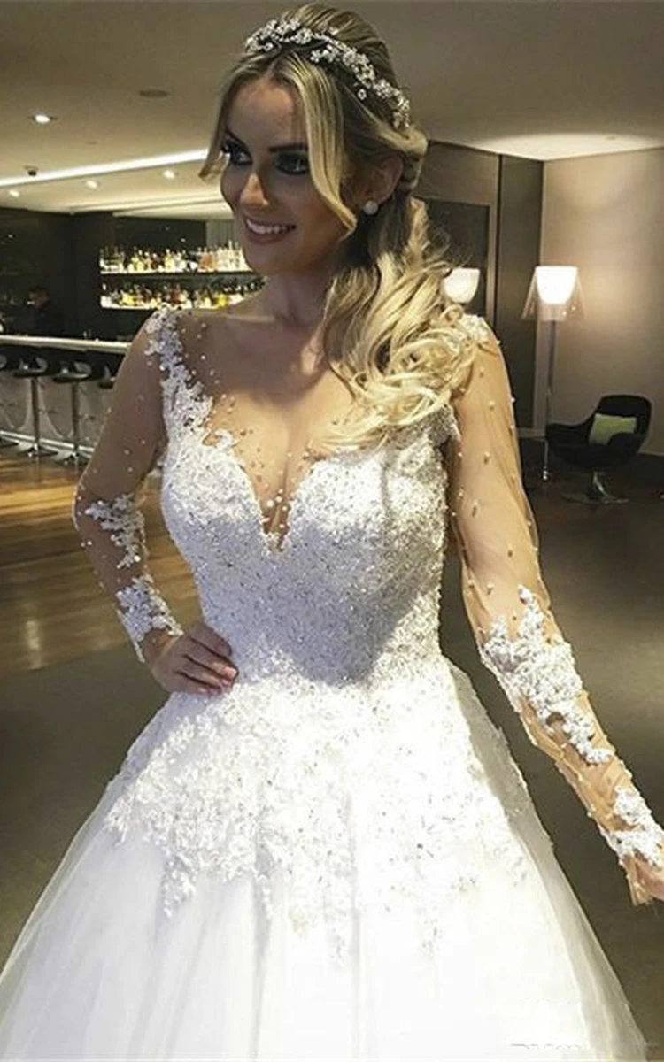 Ball Gown V-neck Lace Tulle Button Zipper Wedding Gown