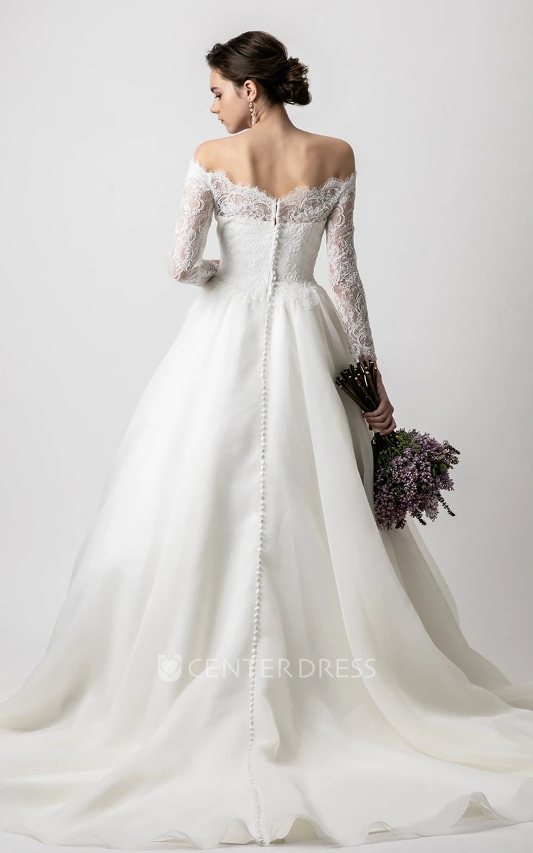 Modern Tulle Ball Gown Floor-length Long Sleeve Off-the-shoulder Wedding Dress with Ruching