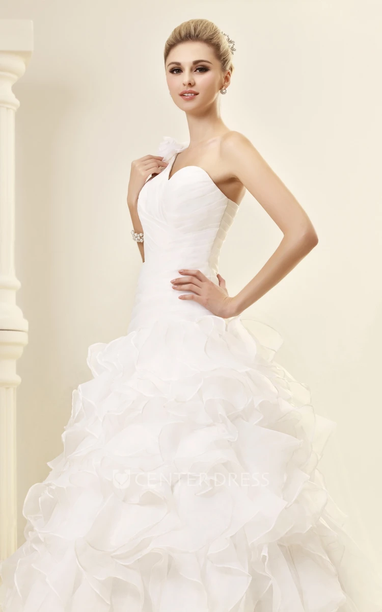 One-Shoulder Criss-Cross A-Line Organza Wedding Gown With Ruffles