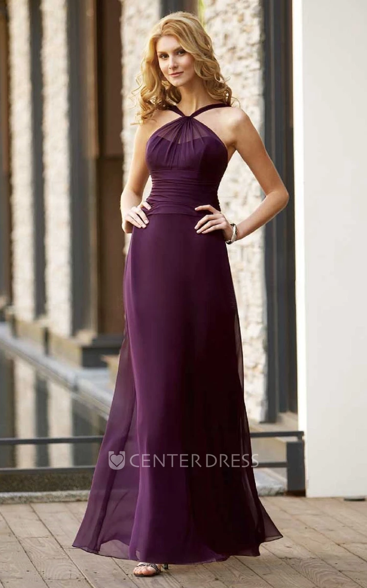 High-Neck Long Bridesmaid Dress With Illusion Style And Pleats