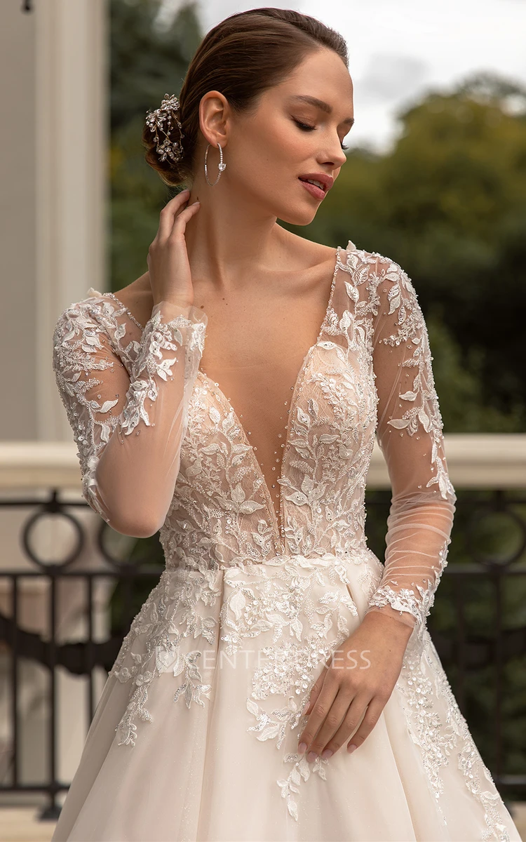 A Line Simple Plunging Neckline Tulle Wedding Dress with Appliques and Beading