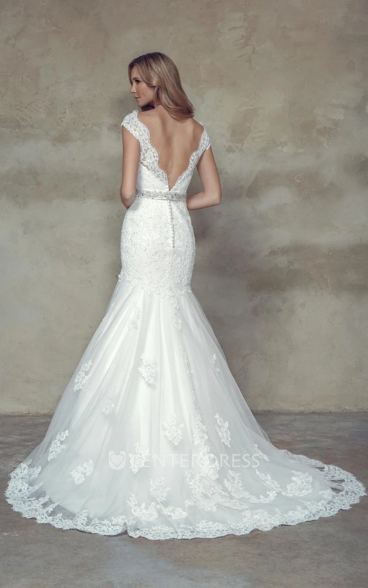 Mermaid Cap-Sleeve Jeweled V-Neck Lace Wedding Dress