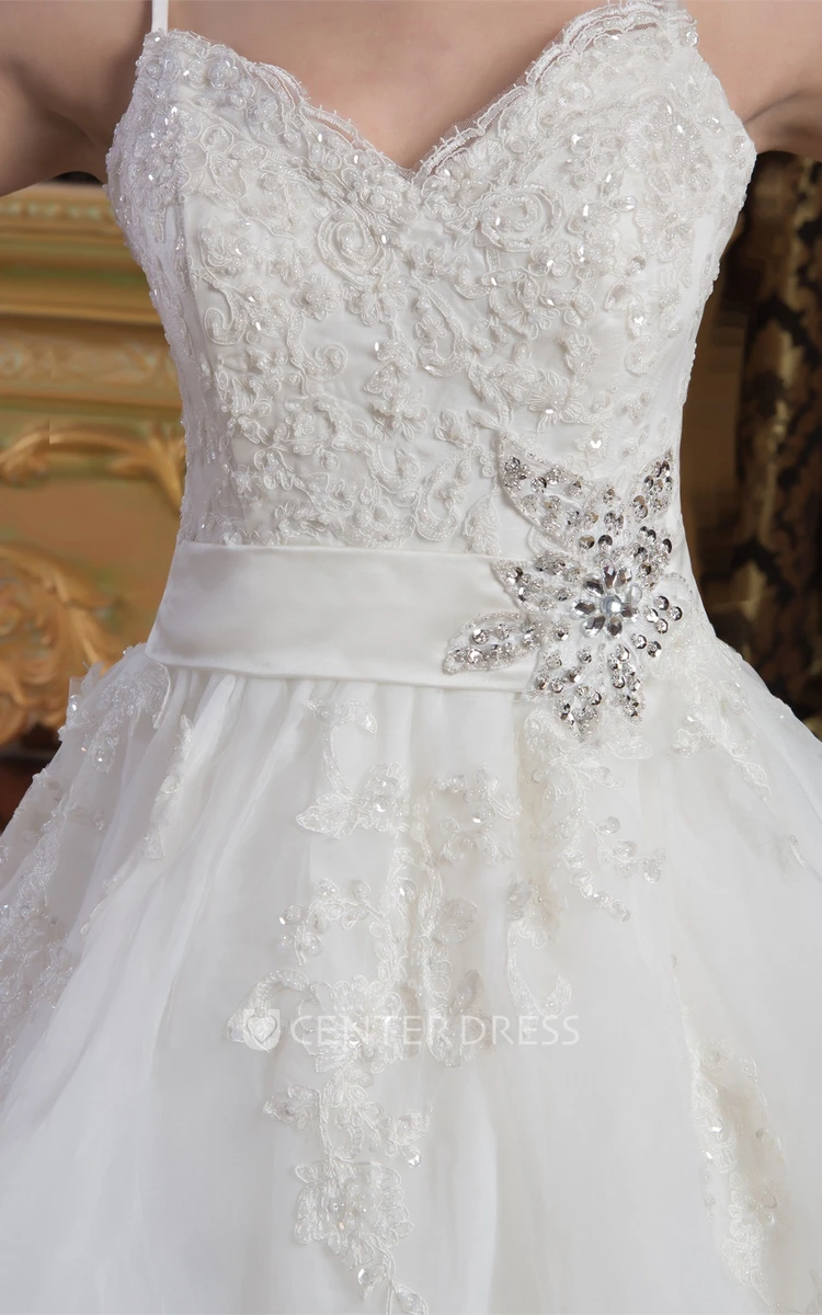 Spaghetti-Straps Lace Organza Ball Gown Wedding Dress with Beading