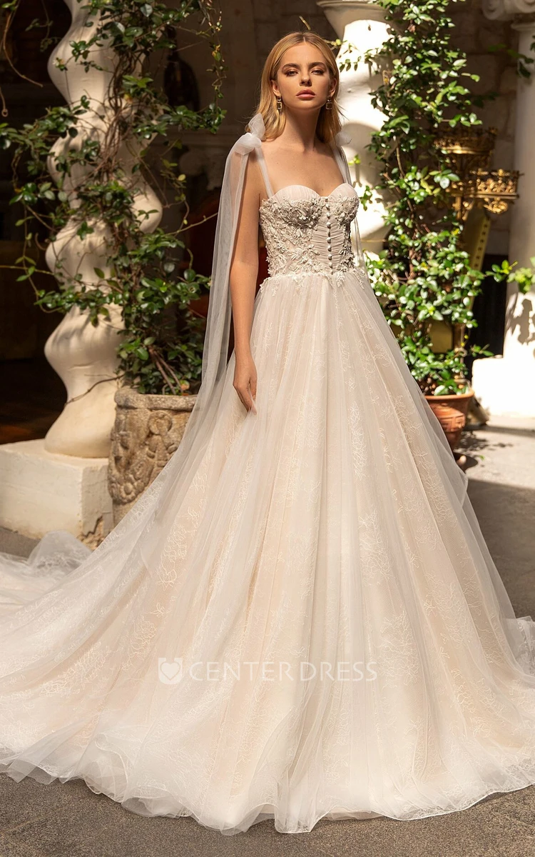 Modern Ball Gown Sleeveless Court Train Lace Backless Wedding Dress with Appliques