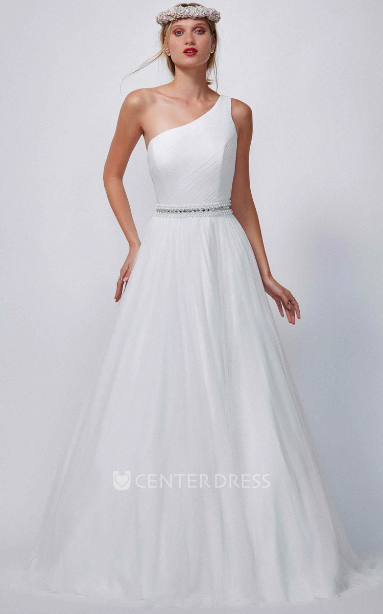 Floor-Length One-Shoulder Ruched Chiffon Wedding Dress With Court Train