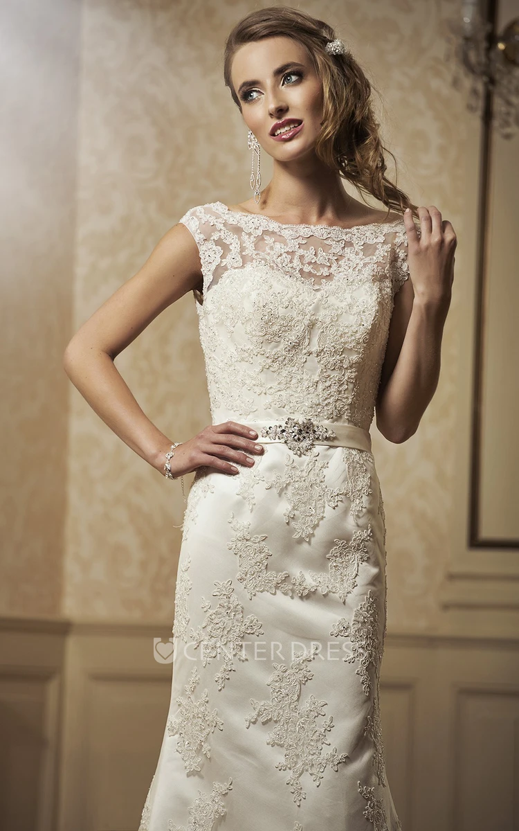 Sheath Cap-Sleeve Bateau-Neck Appliqued Floor-Length Lace Wedding Dress With Waist Jewellery And Bow