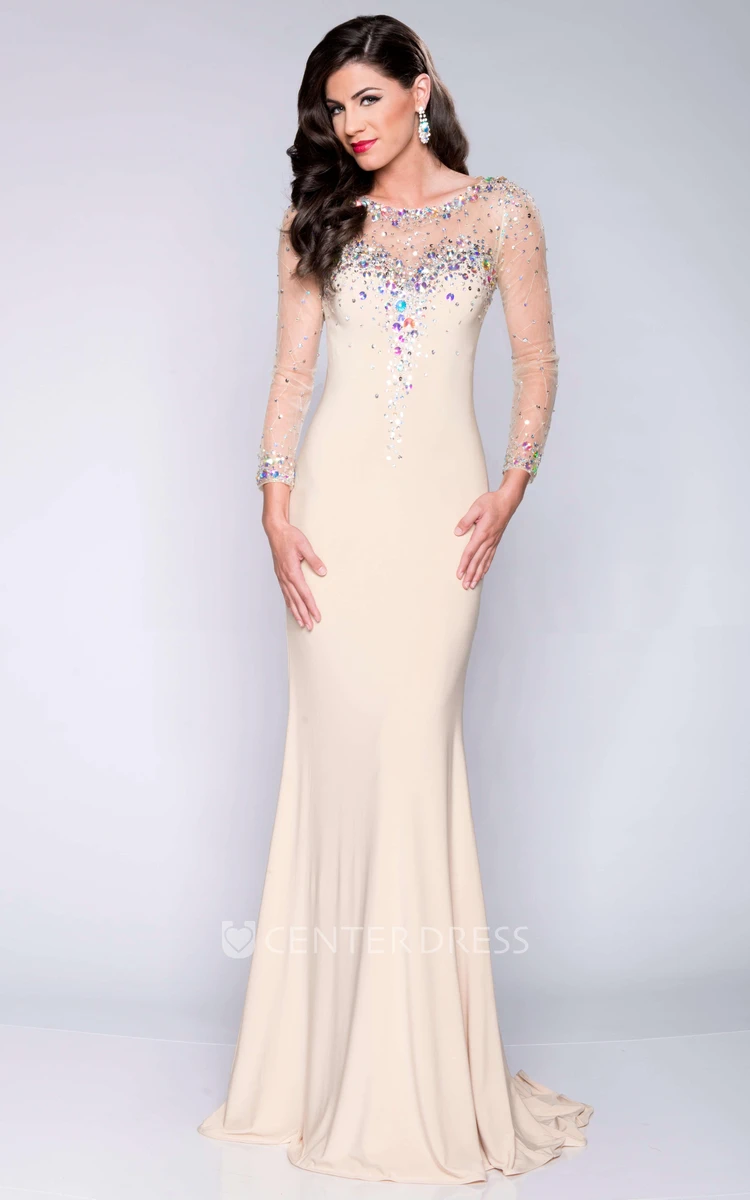 Long Sleeve Sheath Jersey Prom Dress With Sequins And Keyhole