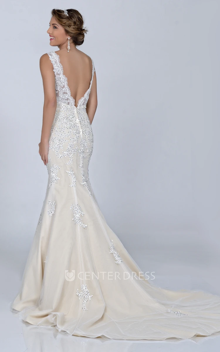 Sequined Sleeveless Sheath Lace Wedding Dress With Bateau Neck And Deep V-Back