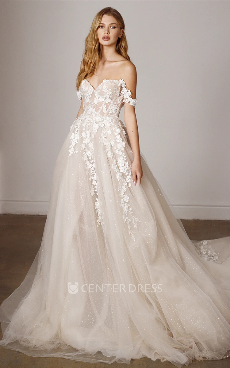 Exquisite A Line Tulle Off-the-shoulder Wedding Dress with Appliques