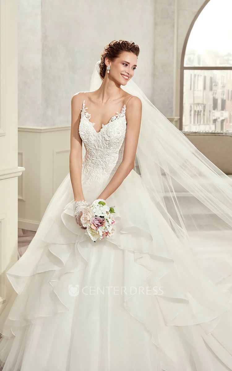 Sweetheart Spaghetti-Strap A-Line Bridal Gown With Ruffles And Lace Bodice