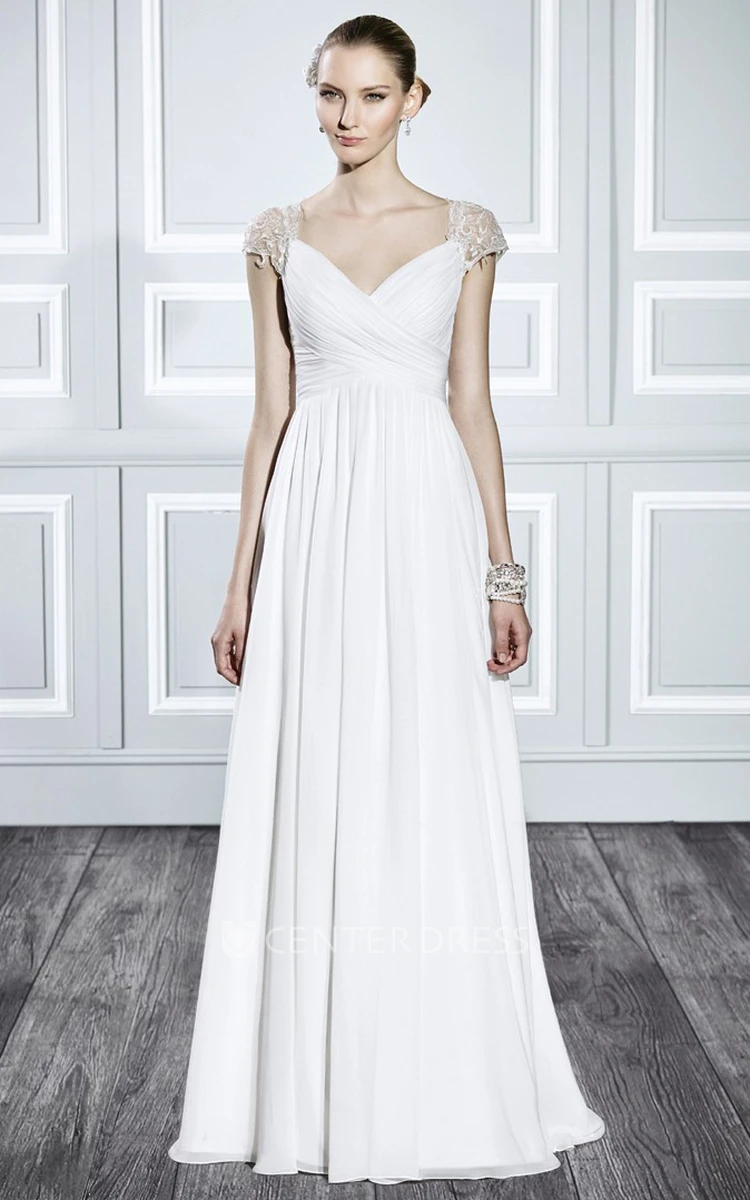 V-Neck Maxi Criss-Cross Cap-Sleeve Chiffon Wedding Dress