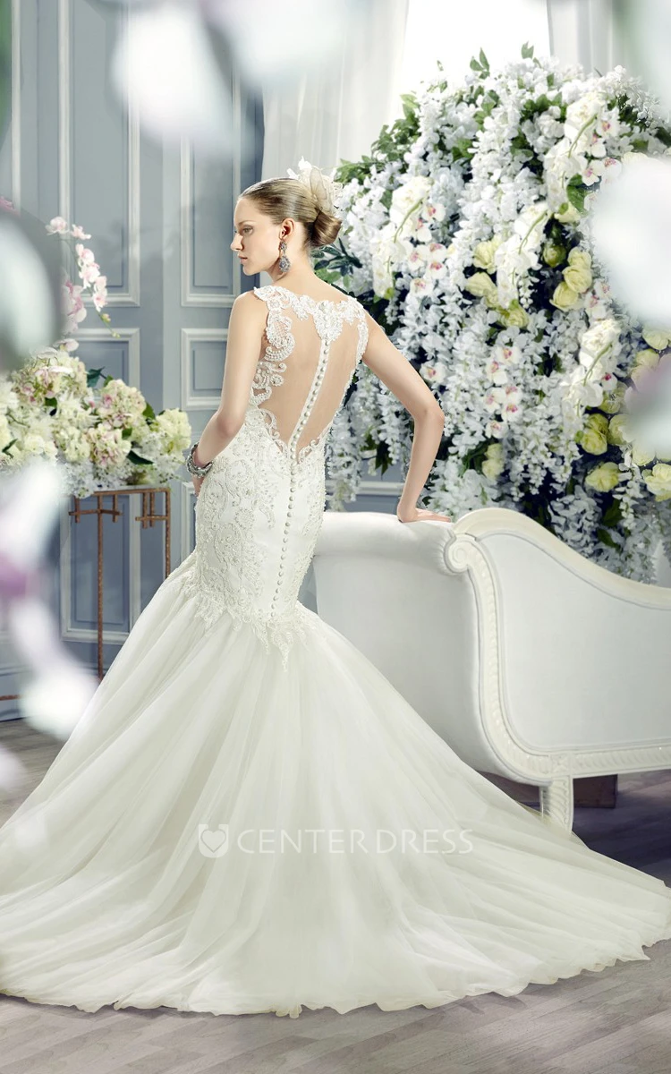Mermaid Appliqued Sleeveless Floor-Length V-Neck Lace&Tulle Wedding Dress With Court Train And Illusion Back