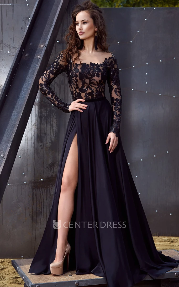 Black Long Sleeves Lace Evening Prom Dress Sexy A-Line Square Neck Chiffon Formal Gown with Sweep Train and Split Front