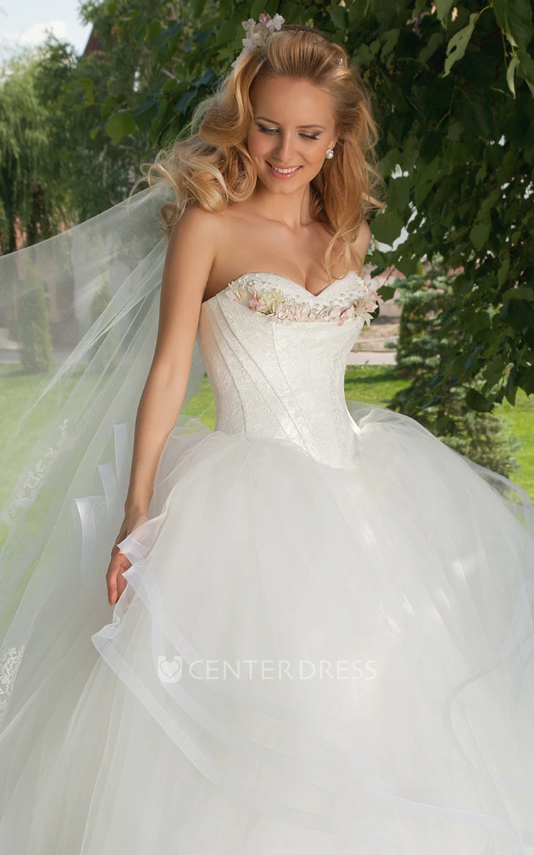 Maxi Sweetheart Floral Draped Tulle Wedding Dress With Chapel Train And Corset Back
