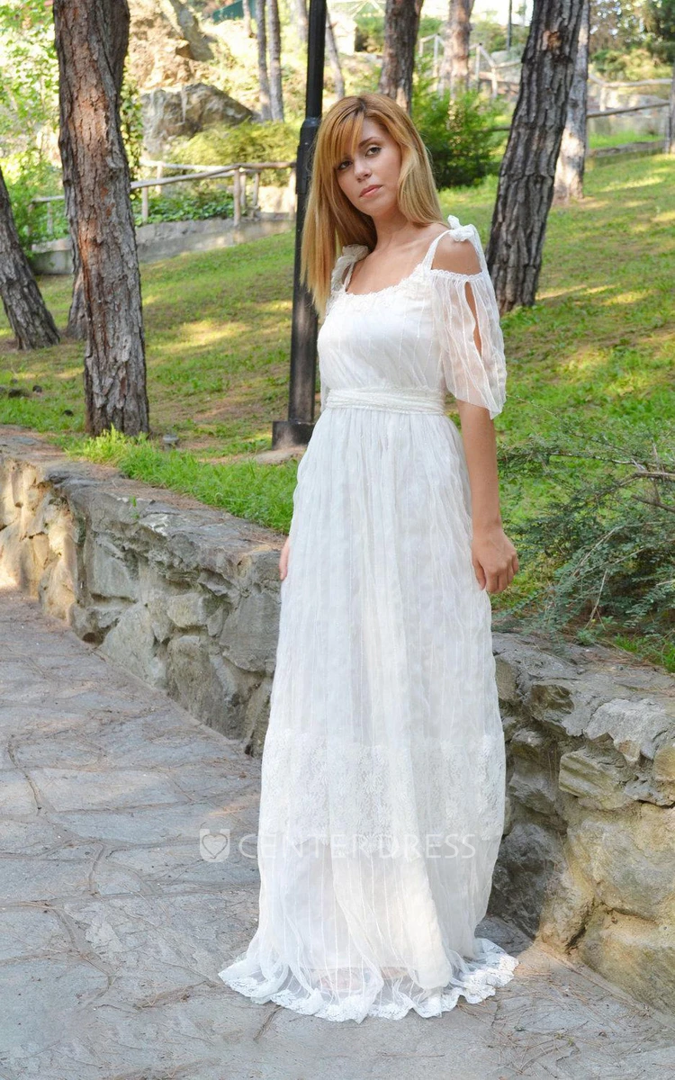 Boho Empire Backless Long Organza Wedding Dress With Sash And Scoop Neck