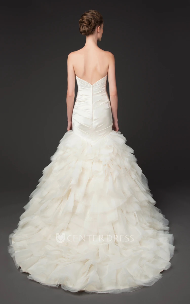 Mermaid Sweetheart Tulle Wedding Dress With Criss Cross And Cascading Ruffles