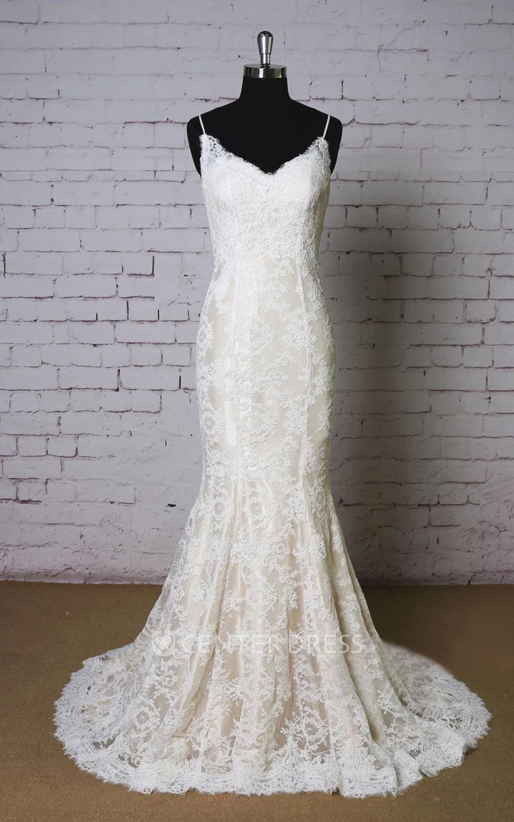 Spaghetti Strap Lace Mermaid Wedding Dress With Champagne Underlay