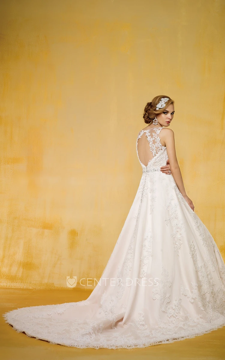 Sleeveless Bateau-Neck A-Line Gown With Illusion Style And Keyhole Back