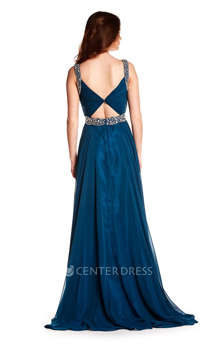 A-Line Sleeveless Long Beaded Prom Dress With Waist Jewellery And Ruching